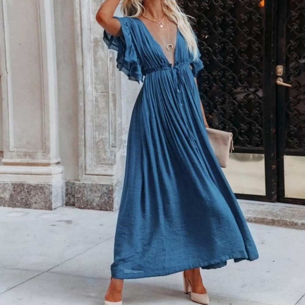 SOLD OUT Blue Gauze Boho Button Maxi Dress - Picture 2 of 9